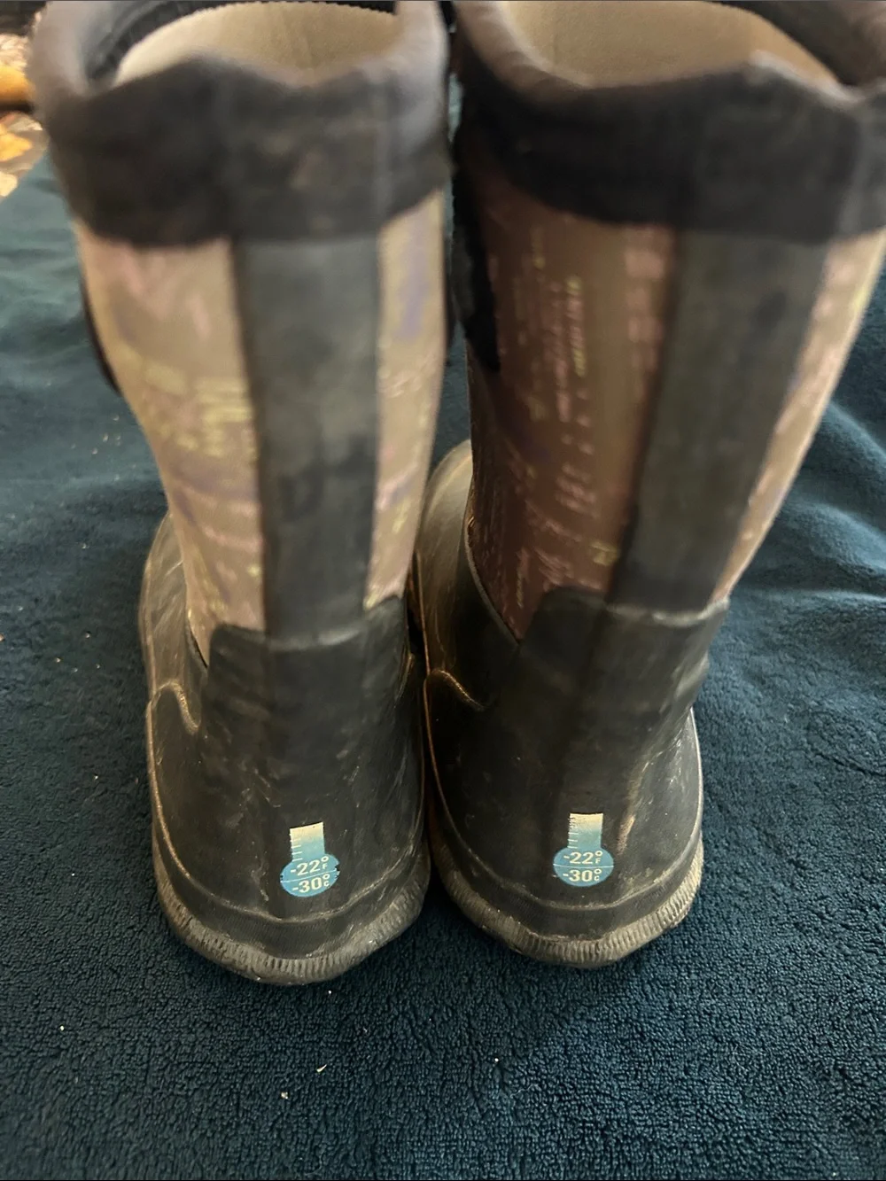 Children's BOGS Black Rubber Rain Winter Boots w Patterned Neoprene Upper Sz 1